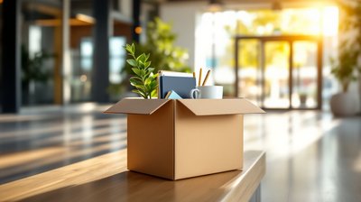 A cardboard box of office belongings with a plant and a mug on a bench in a sunlit office lobby