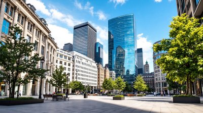 Glass office towers above a tree-lined pedestrian plaza in a London financial district on a sunny day