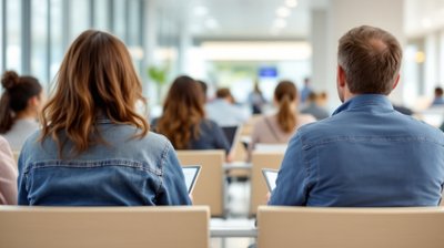 Adults seen from behind waiting with folders in a bright immigration services waiting hall