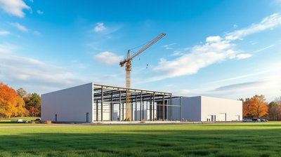 Two large new factory buildings under construction with a tower crane in green Virginia countryside