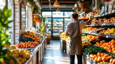 A supermarket worker seen from behind stocking oranges on a fresh produce display in a sunny Spanish shop
