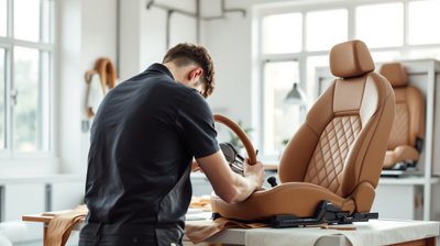 An apprentice seen from behind hand-stitching a tan leather steering wheel beside a quilted car seat in a bright workshop