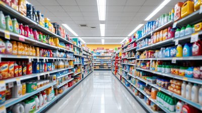 An empty discount variety store aisle with tall shelves of colourful household goods
