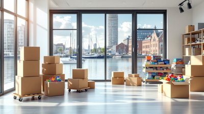 Stacked cardboard moving boxes and boxed toys in an office with a sunny harbour view