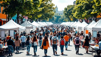 Young people seen from behind walking between white tents at a busy open-air job fair in a city square