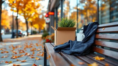 A cardboard box with a plant, a mug and a jacket on a wooden bench on an autumn Montreal street