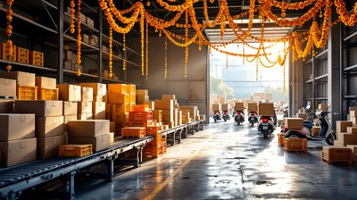 Parcels on conveyors and delivery scooters under marigold garlands in a festive sorting hub