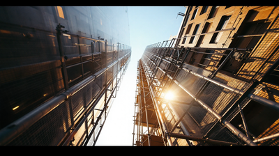 Scaffold tower seen from below against a building facade in golden morning light