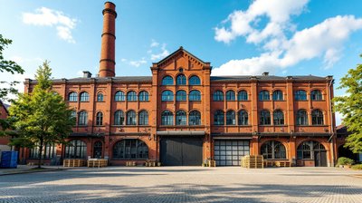 An old red-brick German factory with a tall chimney and a closed loading gate