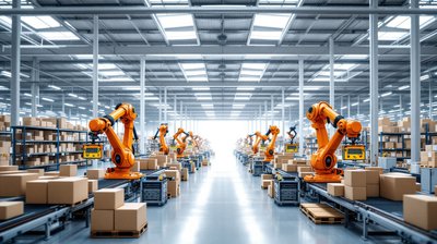 Orange robotic arms sorting parcels on conveyor belts in a bright automated warehouse