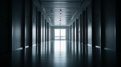 A long modern office corridor at dawn with daylight glowing at the far end and a reflective floor, evoking a measured, reassuring outlook on AI and jobs.