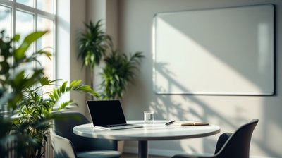 A small interview room with a laptop, a notebook and a blank whiteboard