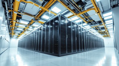 Rows of GPU server racks in a brightly lit AI data centre hall