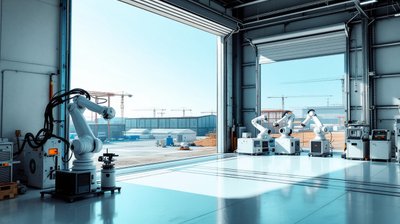 New robotics test hall, robot arms, park still being built outside