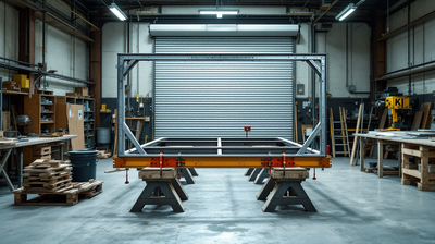 A part assembled steel frame on trestles in a student build bay