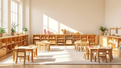 A bright Montessori preschool classroom with small wooden tables and learning materials on low shelves