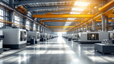 A new machine shop floor with long rows of CNC machines under skylights