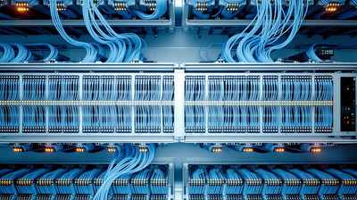 Overhead view of a hospital communications room, rows of network patch panels and blue cable bundles