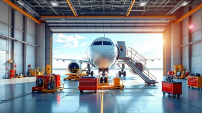 A passenger jet with its engine open inside a bright airport maintenance hangar