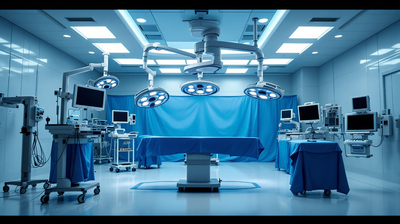 Empty hybrid operating theatre prepared for a procedure, imaging gantry and draped trolleys