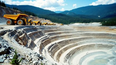 Giant haul trucks parked idle at an open-pit copper mine in British Columbia