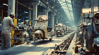 Gujarat scooter assembly line, workers along the line, side view