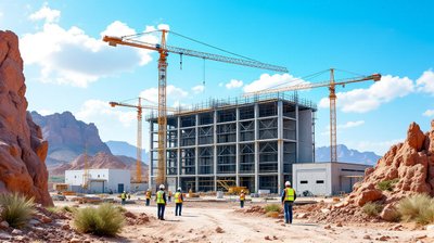 Steel frame of a new aerospace plant rising in the Arizona desert