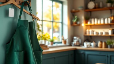 A fresh green apron hanging on a hook in a bright cafe back room