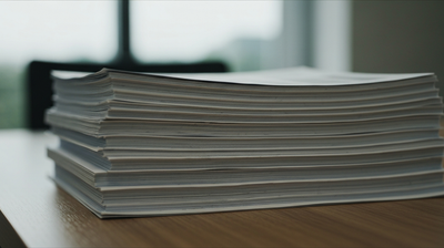 A tall stack of printed resumes on a desk, evoking deciding how long a resume should be.