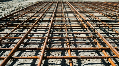 A grid of tied steel reinforcement bar laid out ready for a concrete pour
