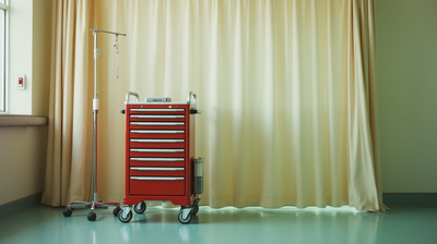 A red emergency crash trolley in a curtained hospital bay