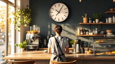 A barista seen from behind working under a large wall clock in a sunny cafe
