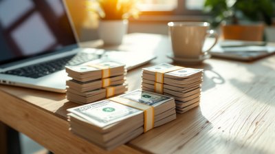 Stacks of US dollar bills on a sunny kitchen table beside a laptop, one stack smaller than the rest