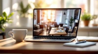 A laptop set up for a video job interview on a sunny kitchen table with coffee and a notebook