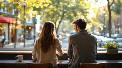Two people seen from behind chatting over coffee at a sunny cafe window counter