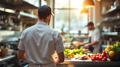 A line cook seen from behind in a sunny restaurant kitchen during morning prep
