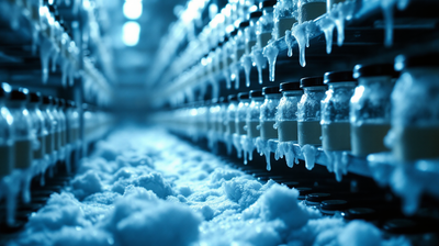 Cryogenic sample store, aluminium racks of frosted unmarked vials with vapour spilling over the edge