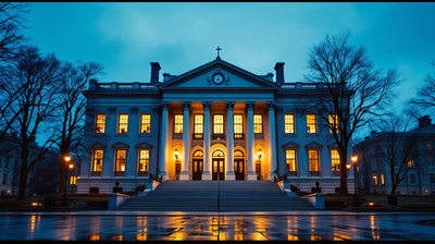 Nineteenth century medical school building at blue hour, lit windows above a broad flight of stone steps