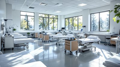 Exam beds and equipment carts in a bright clinical skills training lab at a community college