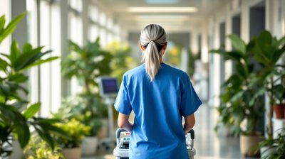A mid-career woman in nurse scrubs seen from behind pushing a monitor cart down a hospital corridor