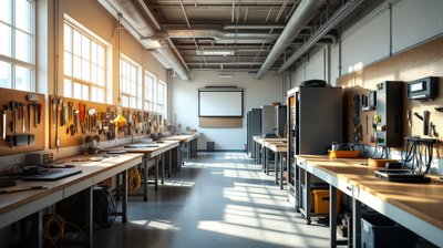 A sunny vocational training hall with workbenches, wiring panels and hung tools