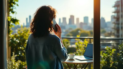 A woman seen from behind on a sunny city balcony on a phone call, a laptop and coffee on the table beside her