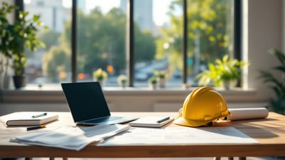 An engineering desk with a hard hat, rolled blueprints and a laptop by a bright office window