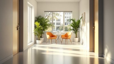 A sunny office hallway leading to a small room with two chairs facing each other
