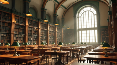 Quiet public library reading room, timber tables with green shaded lamps under a tall arched window