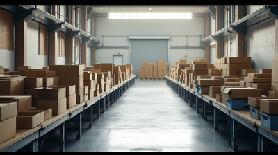 Deserted community food bank sorting hall, long trestle tables stacked with open crates and boxes