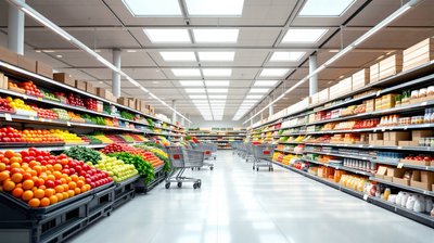 A bright supermarket aisle with fresh produce, stocked shelves and shopping carts