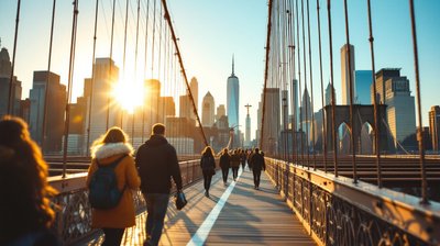 Commuters seen from behind walking across the Brooklyn Bridge toward the Manhattan skyline at golden hour