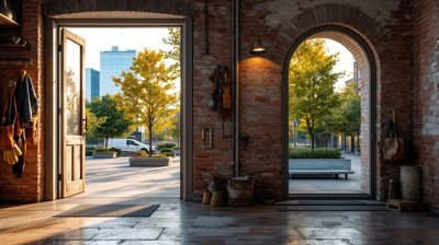 An old brick workshop doorway with work gloves on a hook opening onto a sunny modern glass plaza