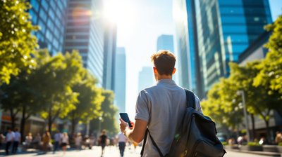 A young man seen from behind with a phone in hand, standing between two glass office towers